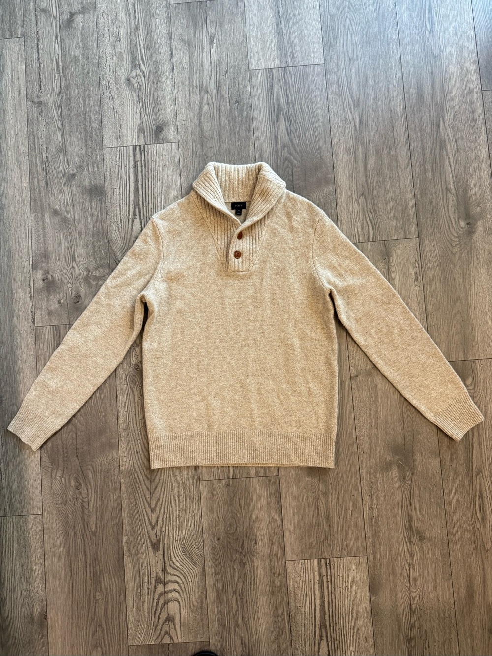 Crew Shawl Collar Tan Beige Lambswool Knit Men’s Small Cardigan Sweater